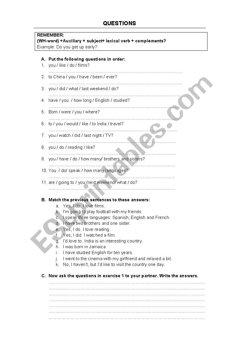 Questions (with key) worksheet