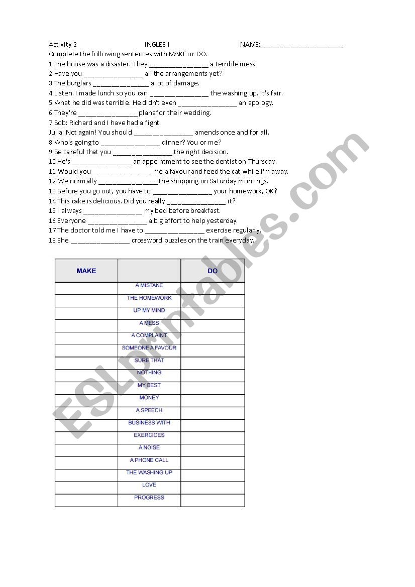 Do and Make worksheet