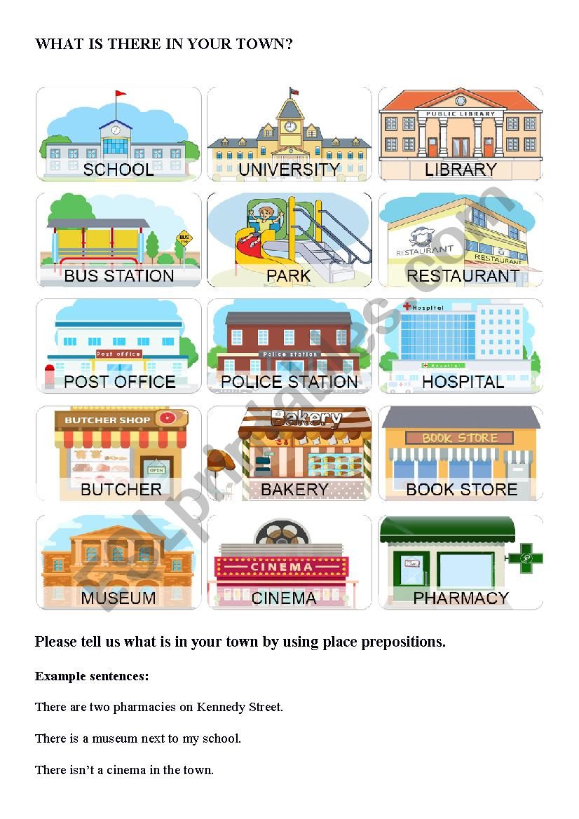 What is there in your town? - There is / there are / Place prespositions Practising