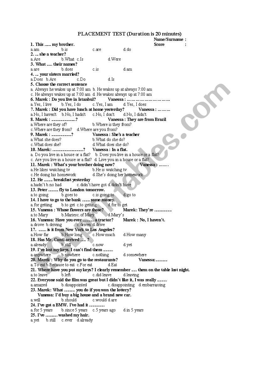 English Placement Test worksheet