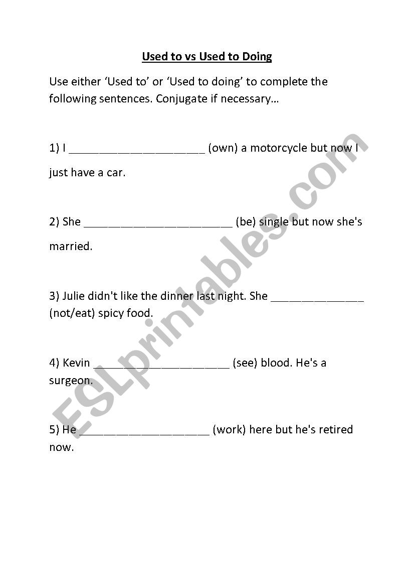 Used to vs Am Used to ...ing worksheet