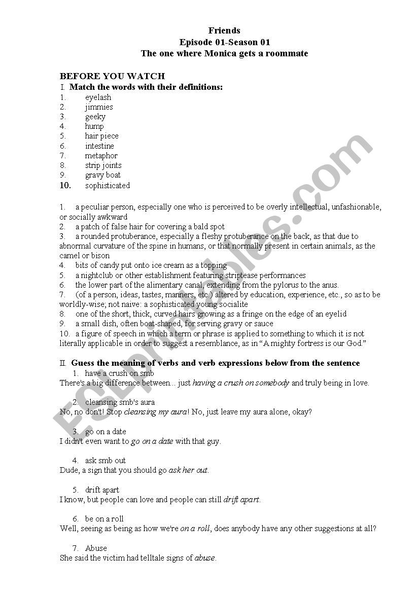 FRIENDS season 1 episode 1 worksheet