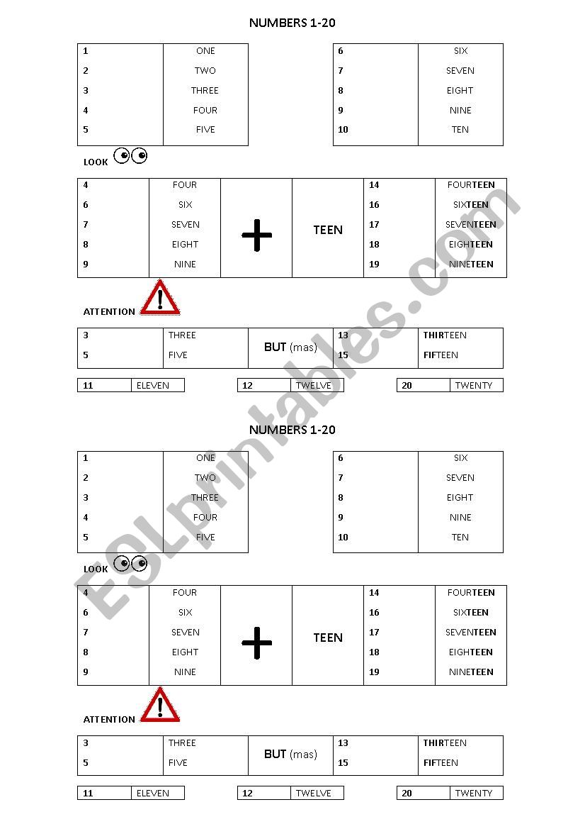 Numbers from 1-20 worksheet