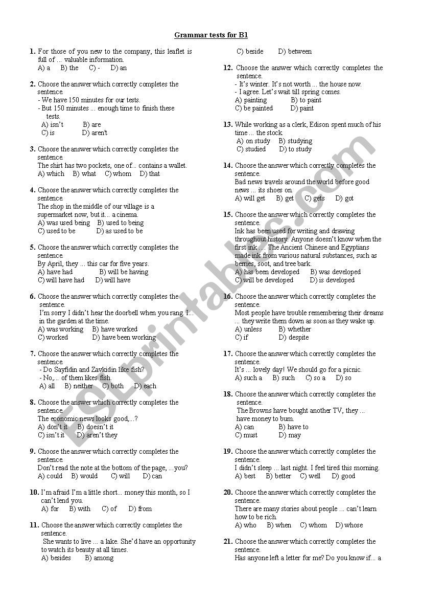 Grammar tests - 6 B1 worksheet