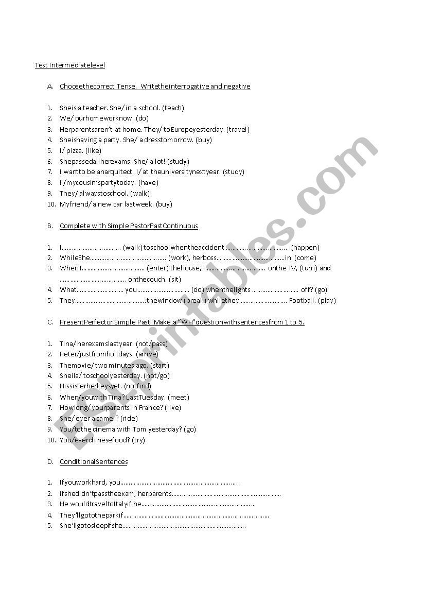 Test Intermediate Level worksheet