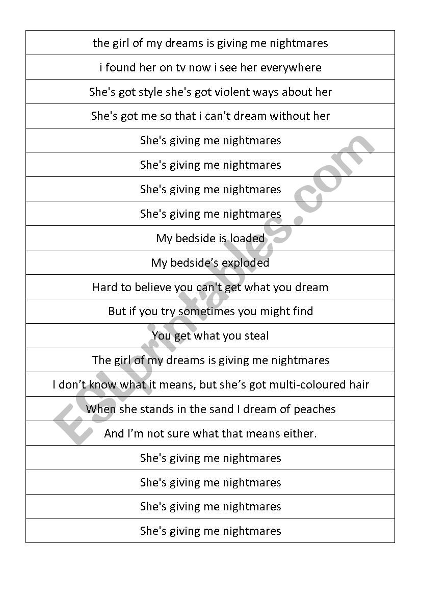 Song Strips - The Girl of my Dreams - ESL worksheet by benarnot2 Song Strips - The Girl of my Dreams - ESL worksheet by benarnot2