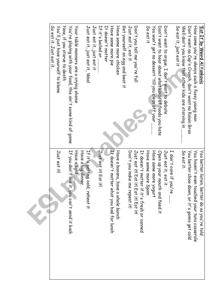 Eat It by Weird Al Yankovic worksheet