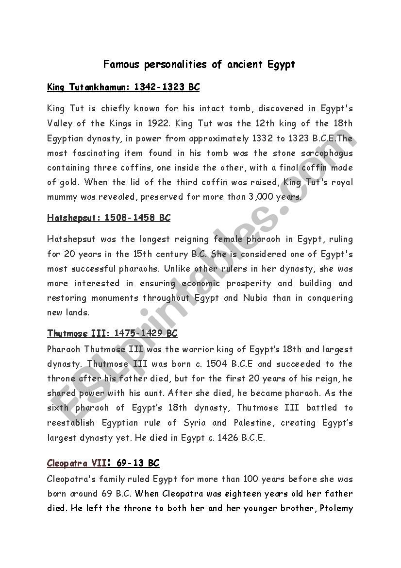 Famous Egyptian personalities worksheet