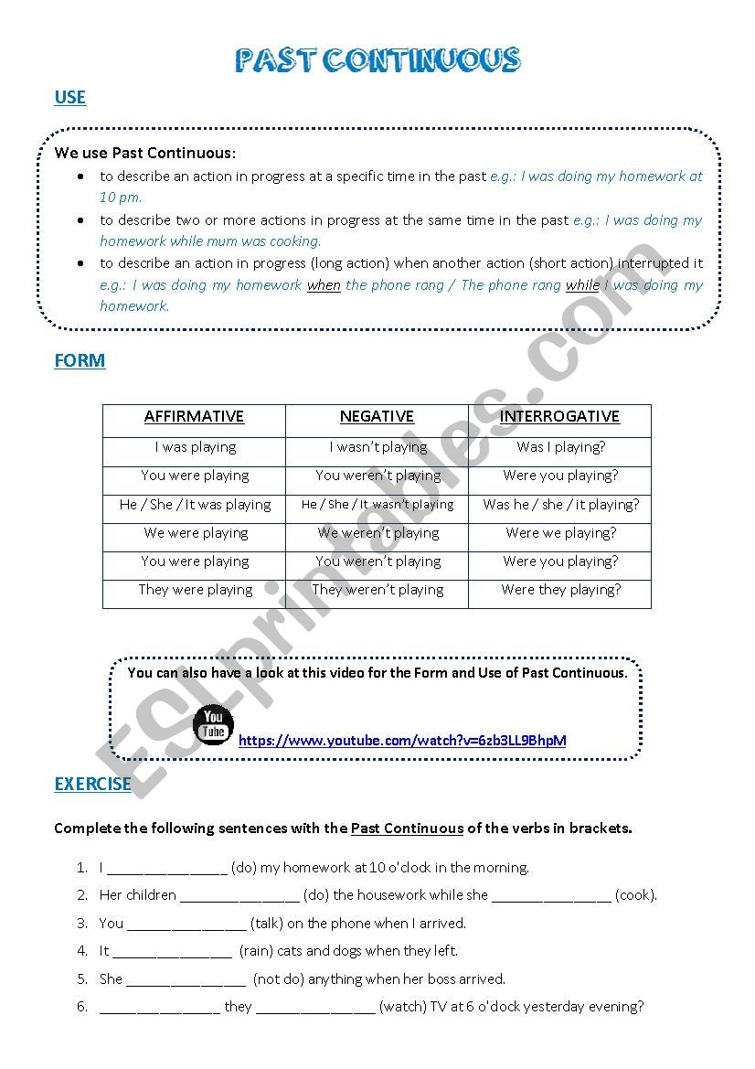 Past Continuous - Rules, Exercise, Key and YouTube