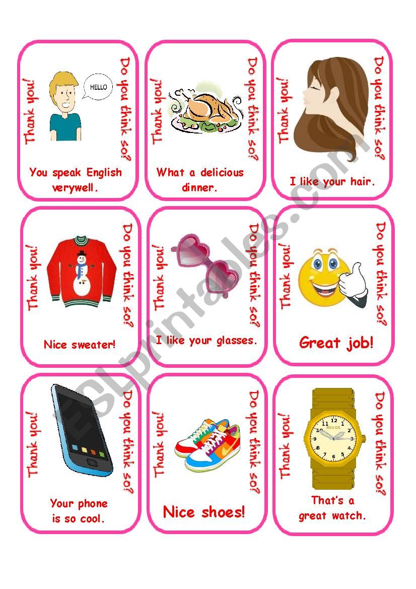 Compliments Go Fish worksheet