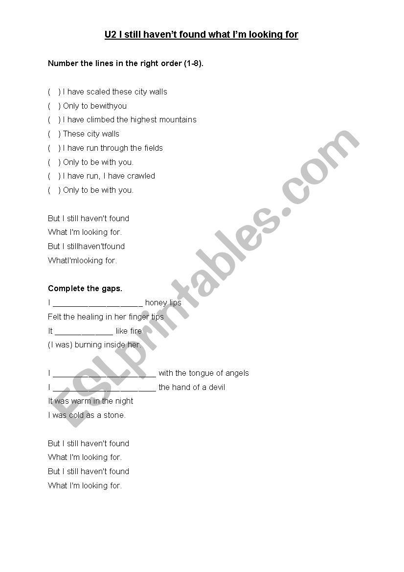 U2 song on Present perfect  worksheet