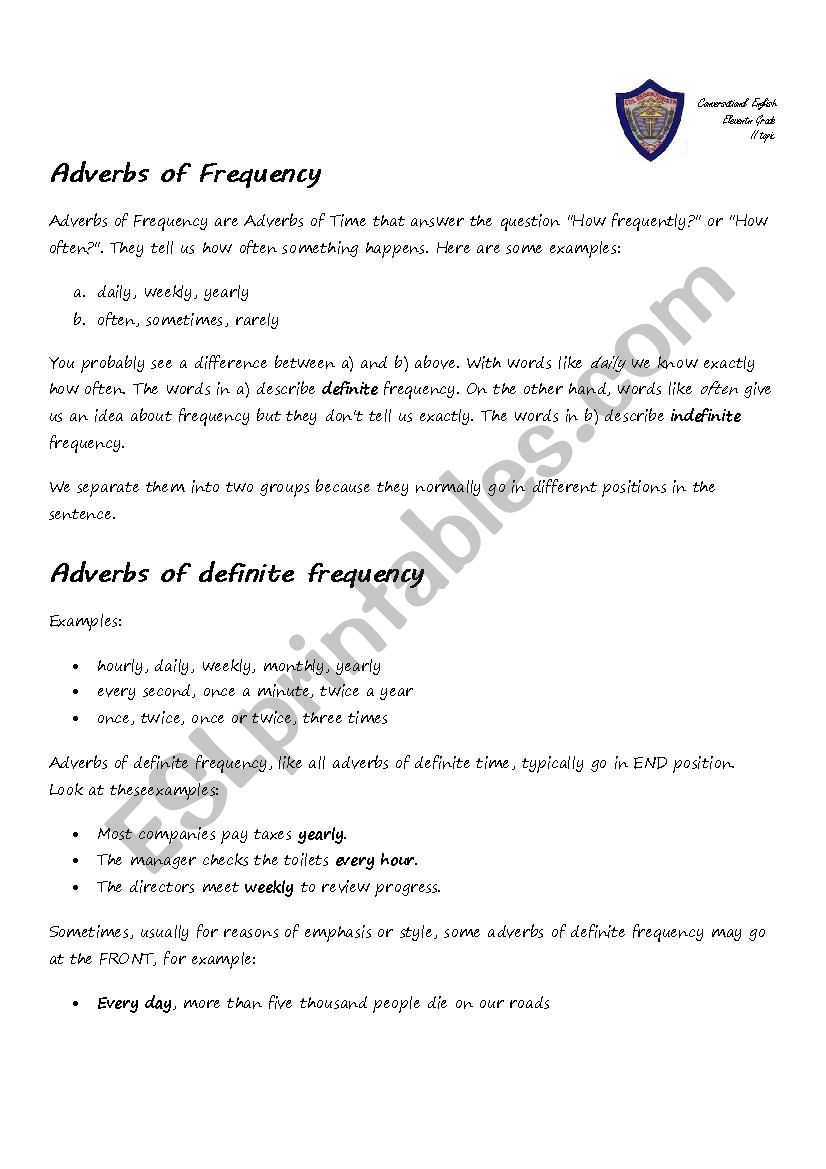 Adverbs of frequency worksheet