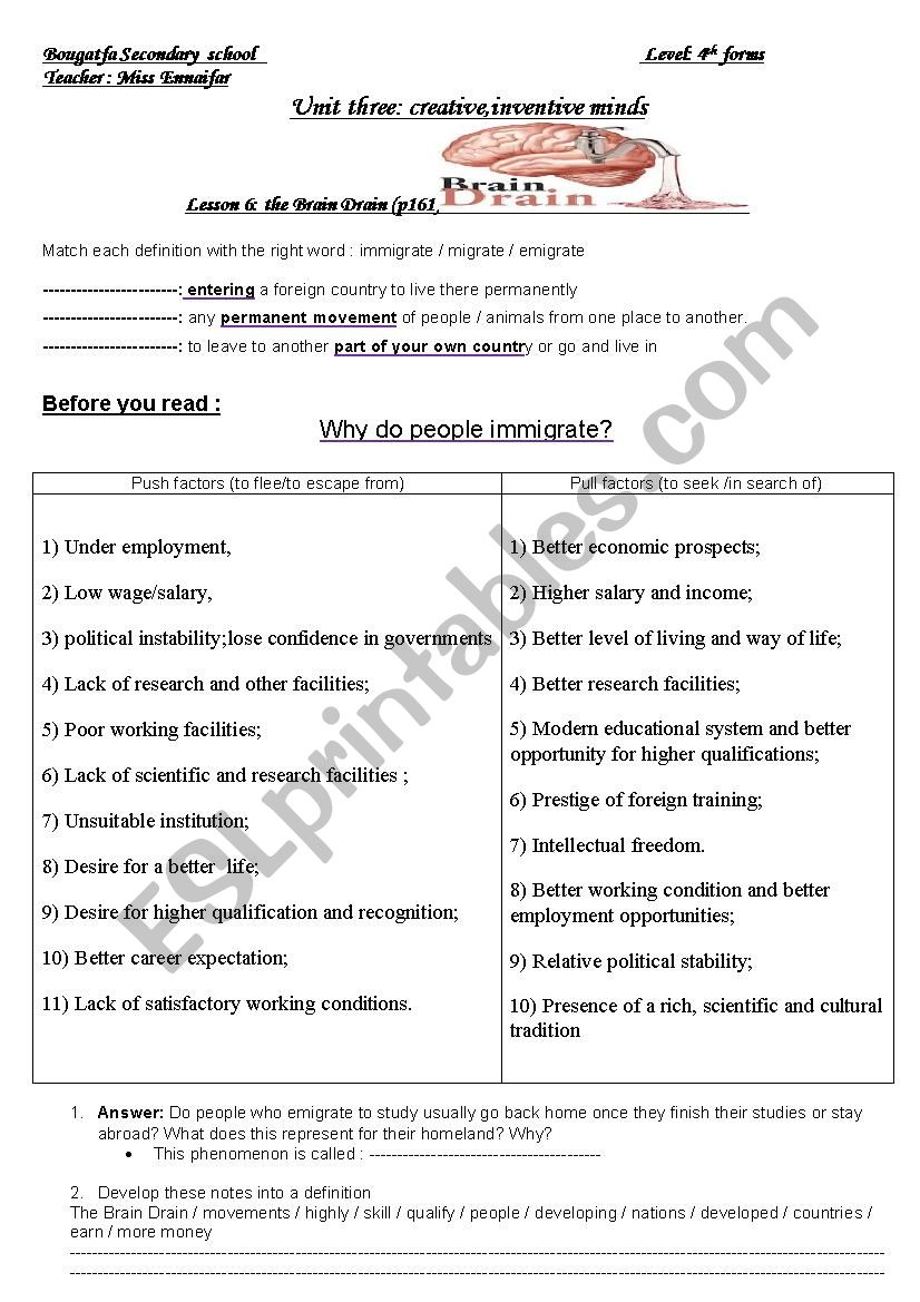 the brain drain  worksheet