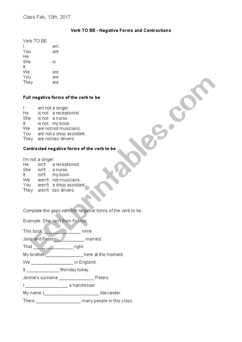 Verb TO BE - Negative Forms and Contractions