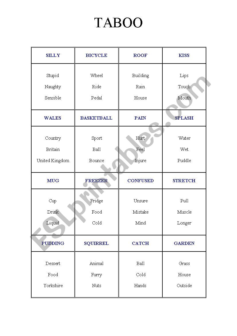 Taboo Game worksheet