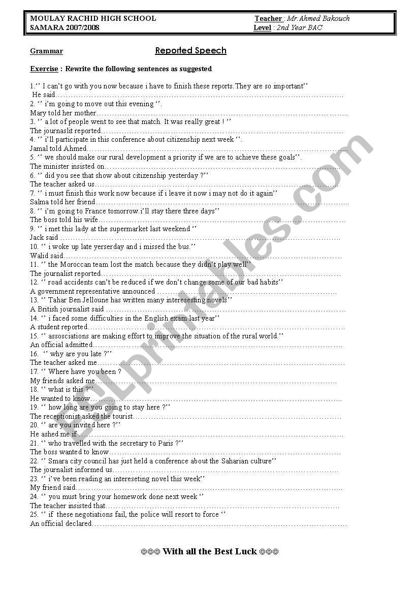 Reported Speech worksheet