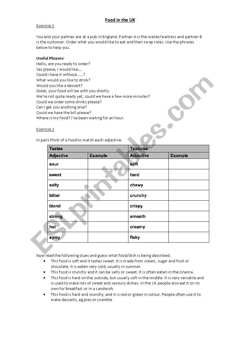 Food in the UK worksheet