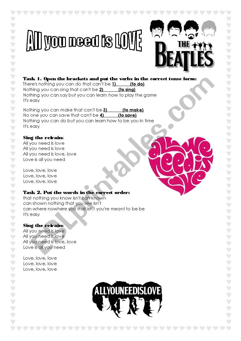 All you need is love worksheet
