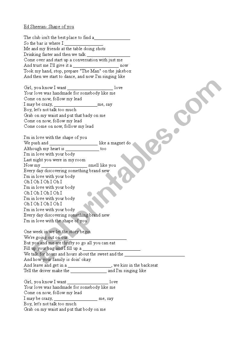 Ed sheeran Shape of you worksheet