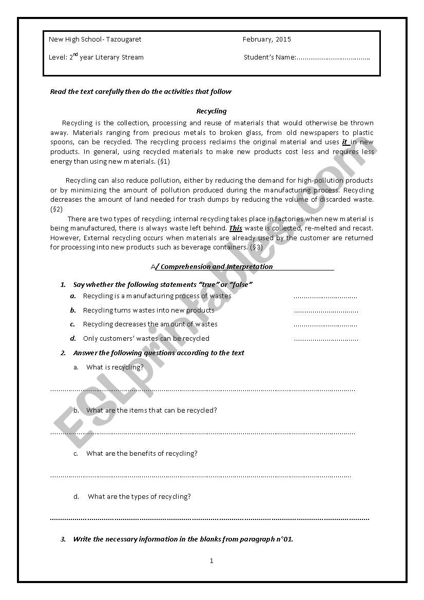 recycling worksheet