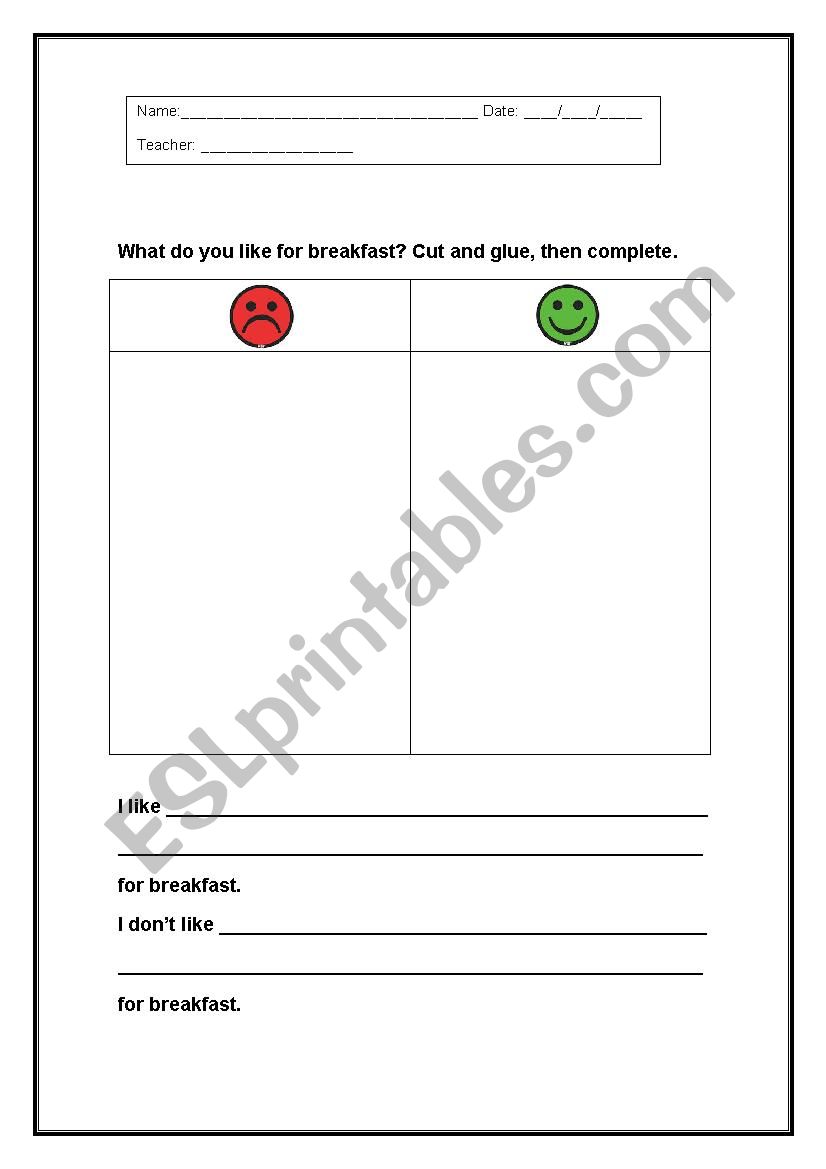 breakfast worksheet
