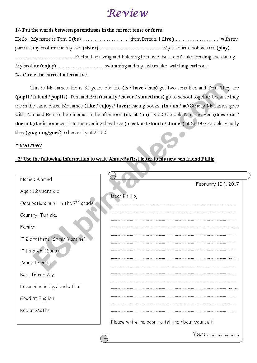 review 7th form worksheet