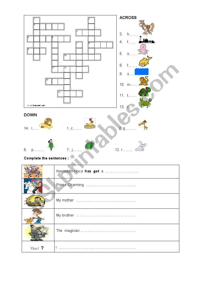 animal crossword worksheet