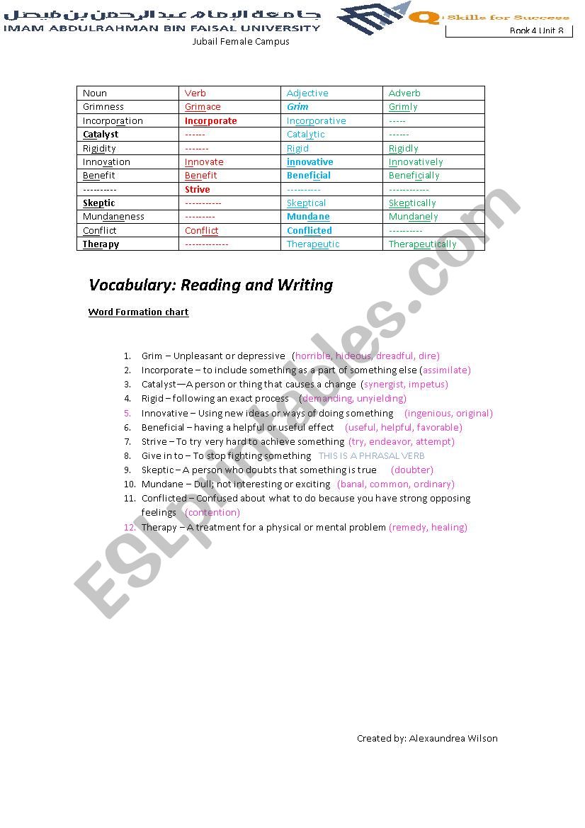 Q- Skill Book 4 2nd ed, Unit 8 Vocabulary Study Guide