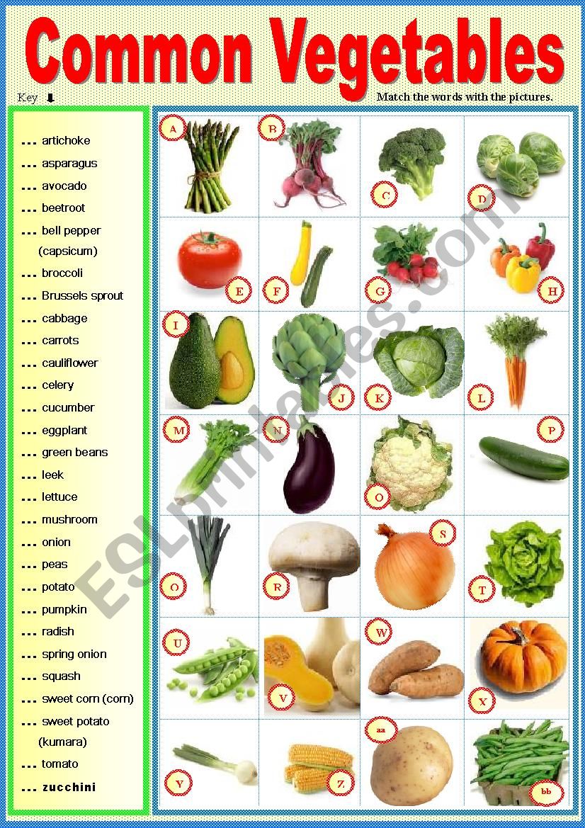 Common vegetables. Matching ex + key.