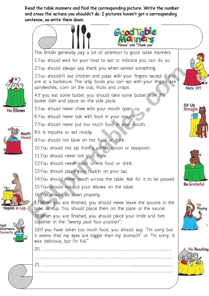 Good table manners worksheet
