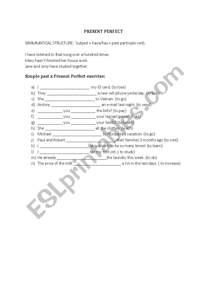 Present Perfect worksheet