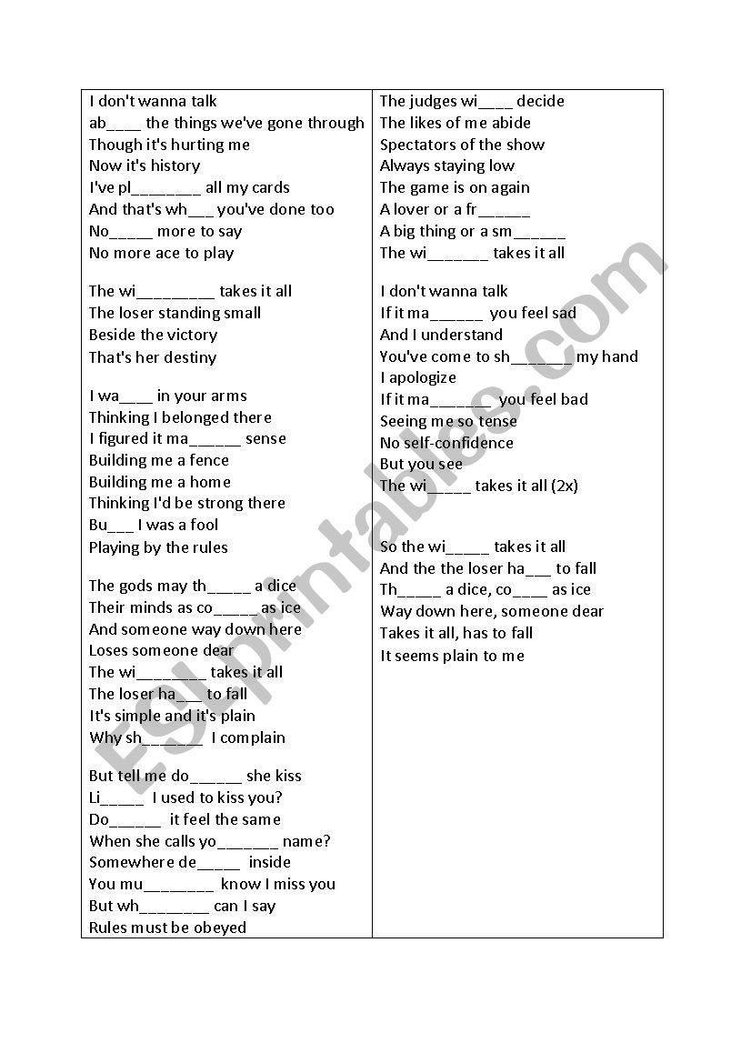 The Winner Takes It All worksheet