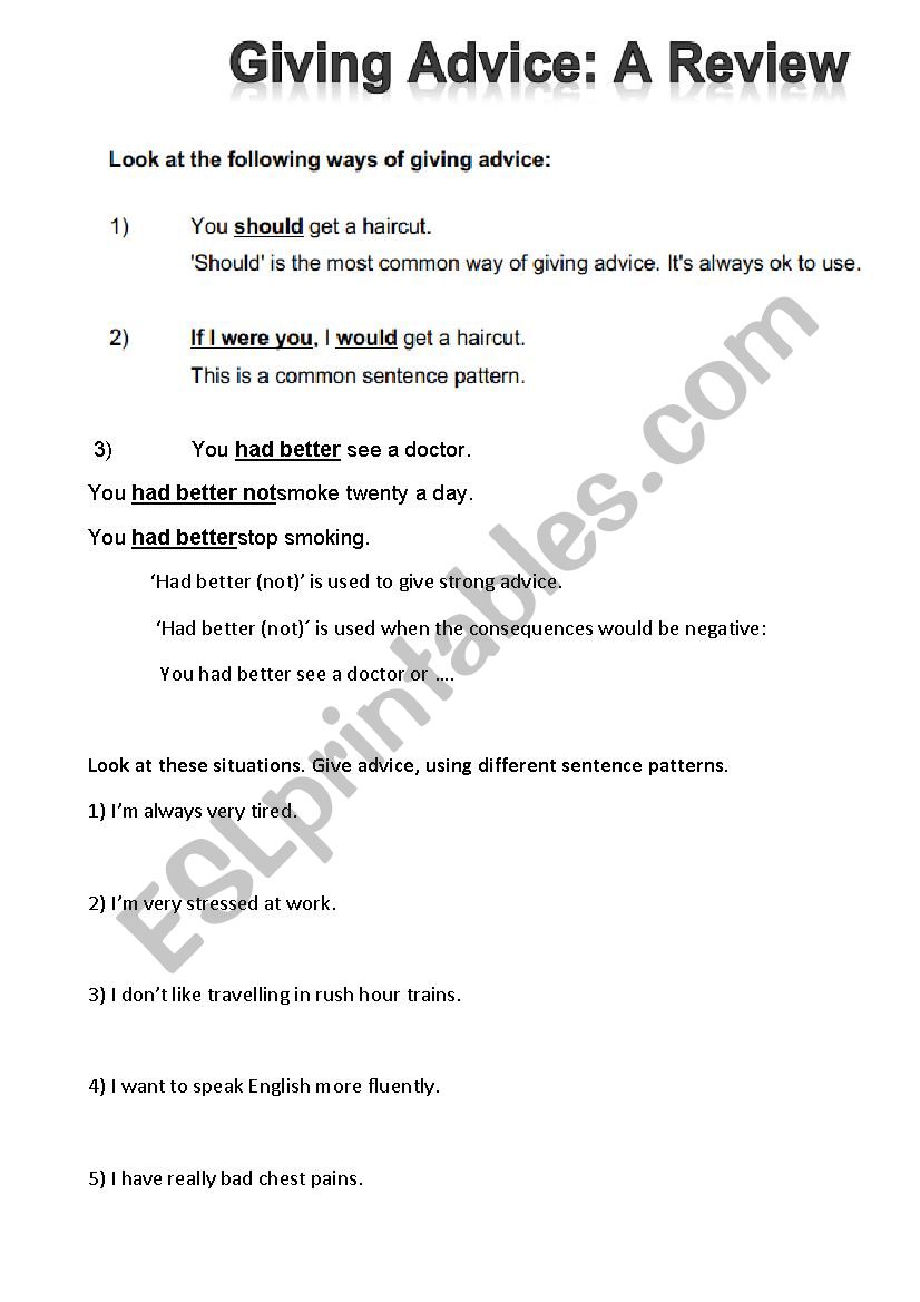 Giving advice worksheet