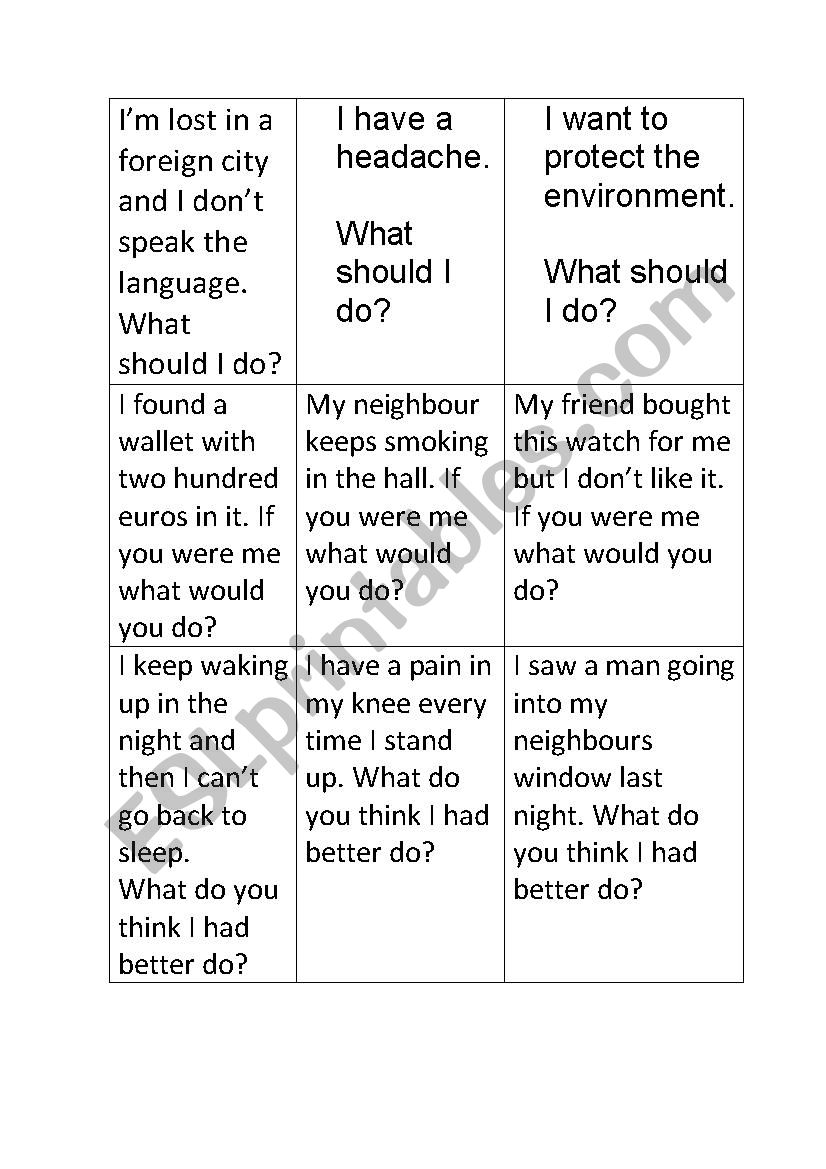 Giving advice speaking cards worksheet