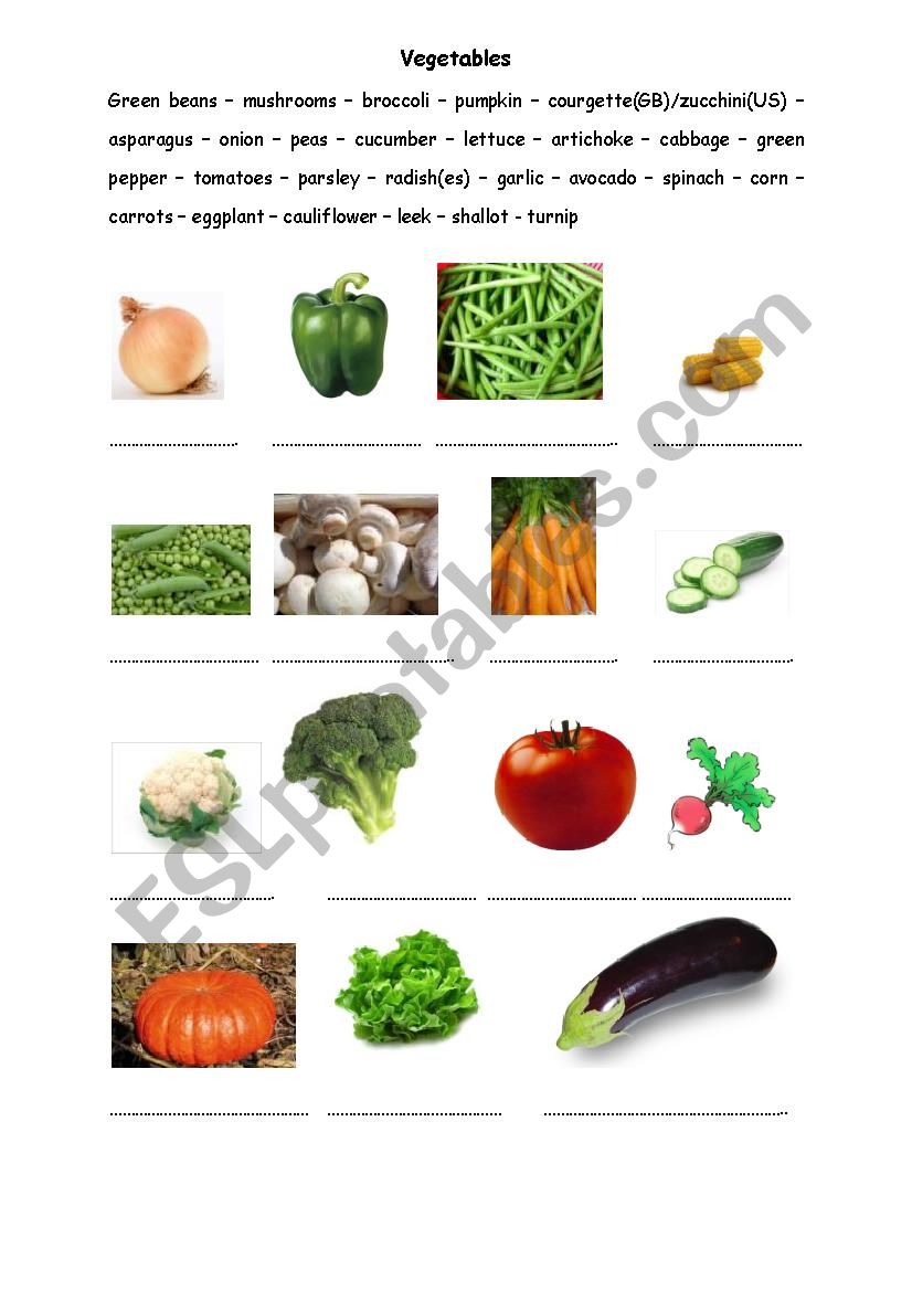 Vegetables and sides worksheet