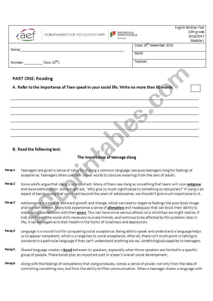 Teen speak  worksheet