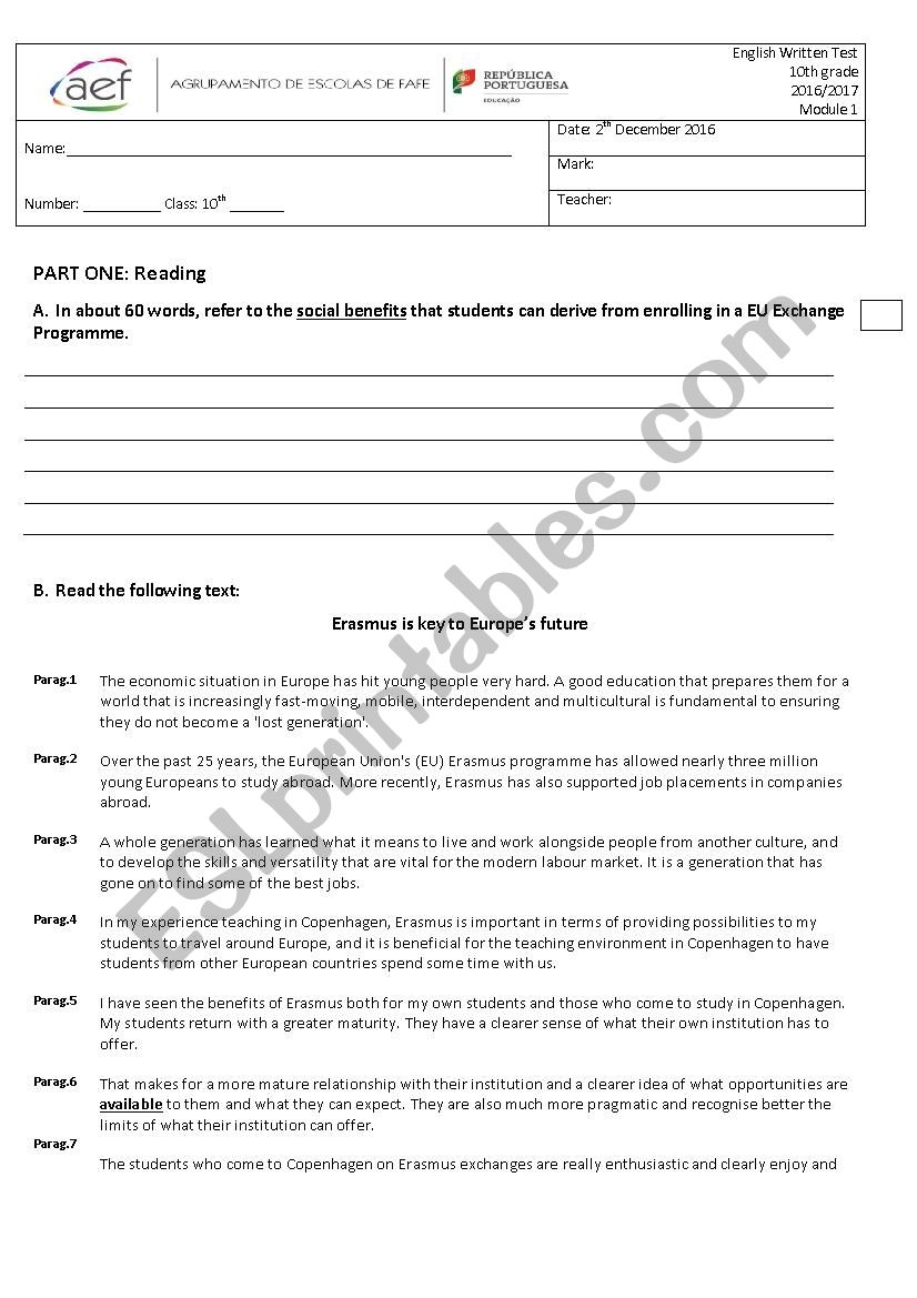 Eu programmes worksheet