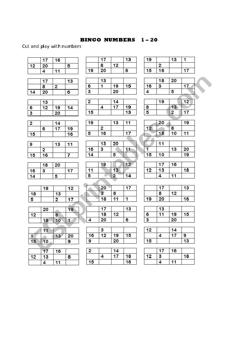 BINGO - NUMBRES 1 -20 worksheet