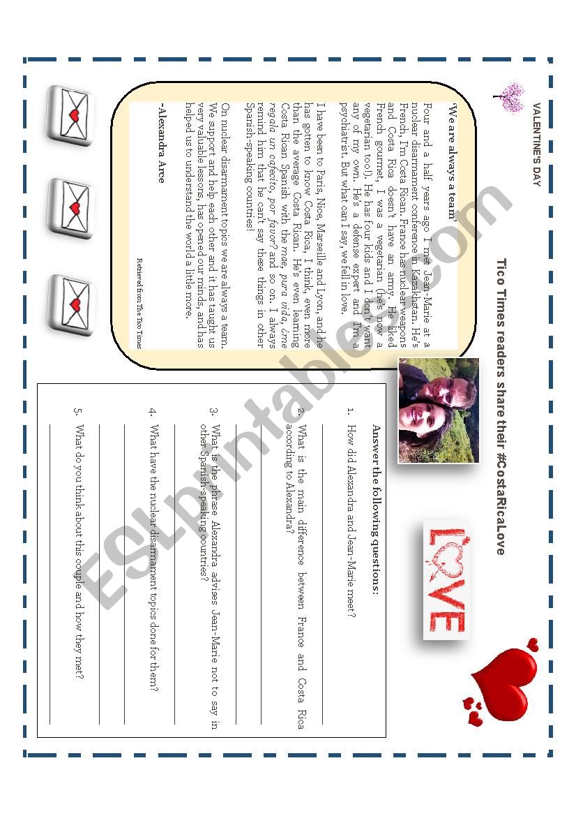 Short reading Valentines Day worksheet