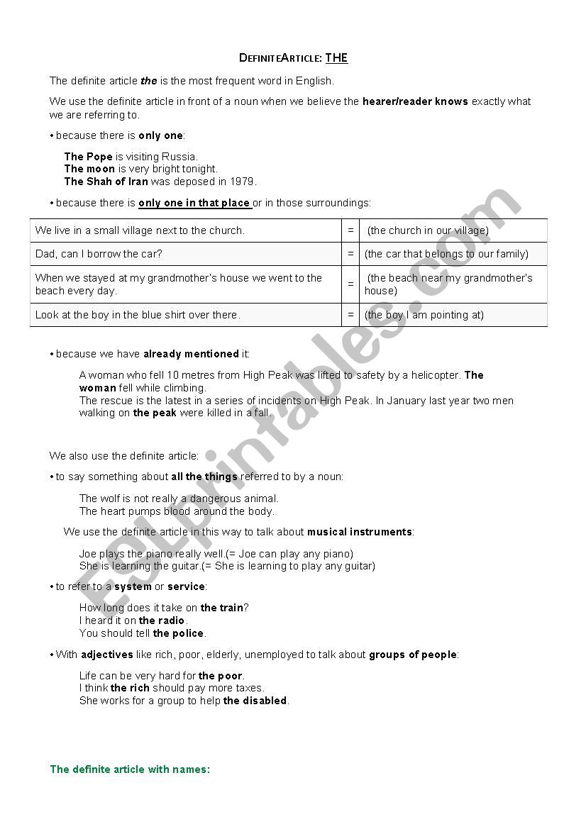 The - definite article or No Article