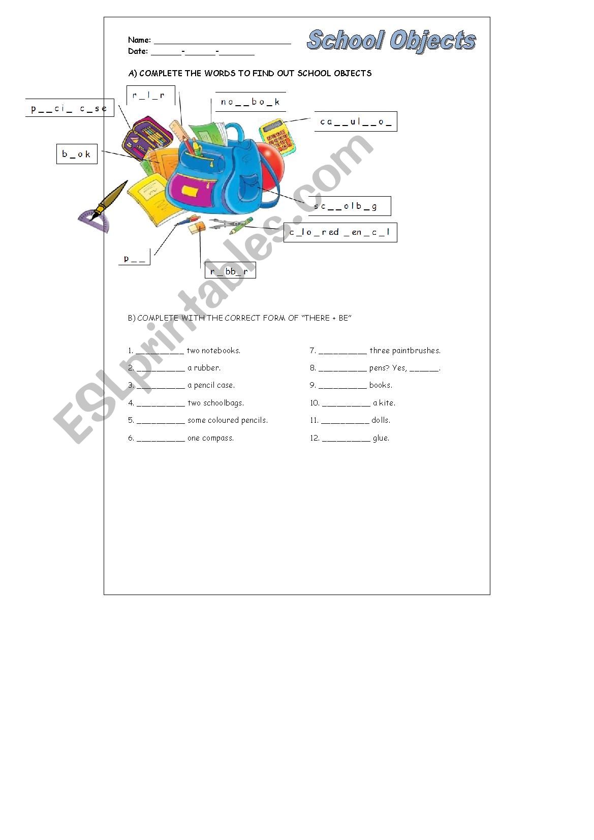 School objects and There be worksheet