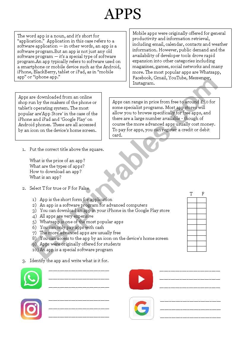 Reading comprehension apps worksheet