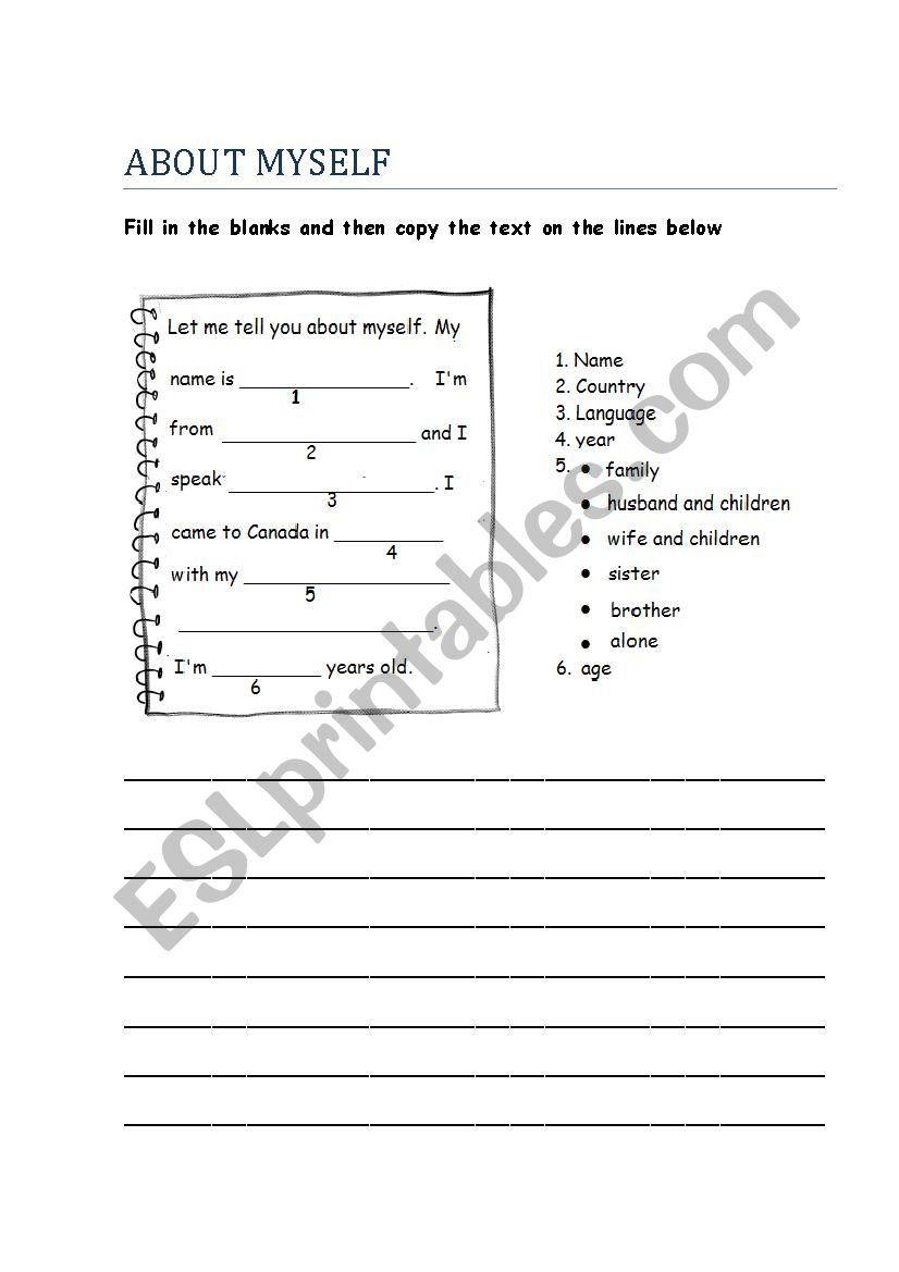 About Myself worksheet