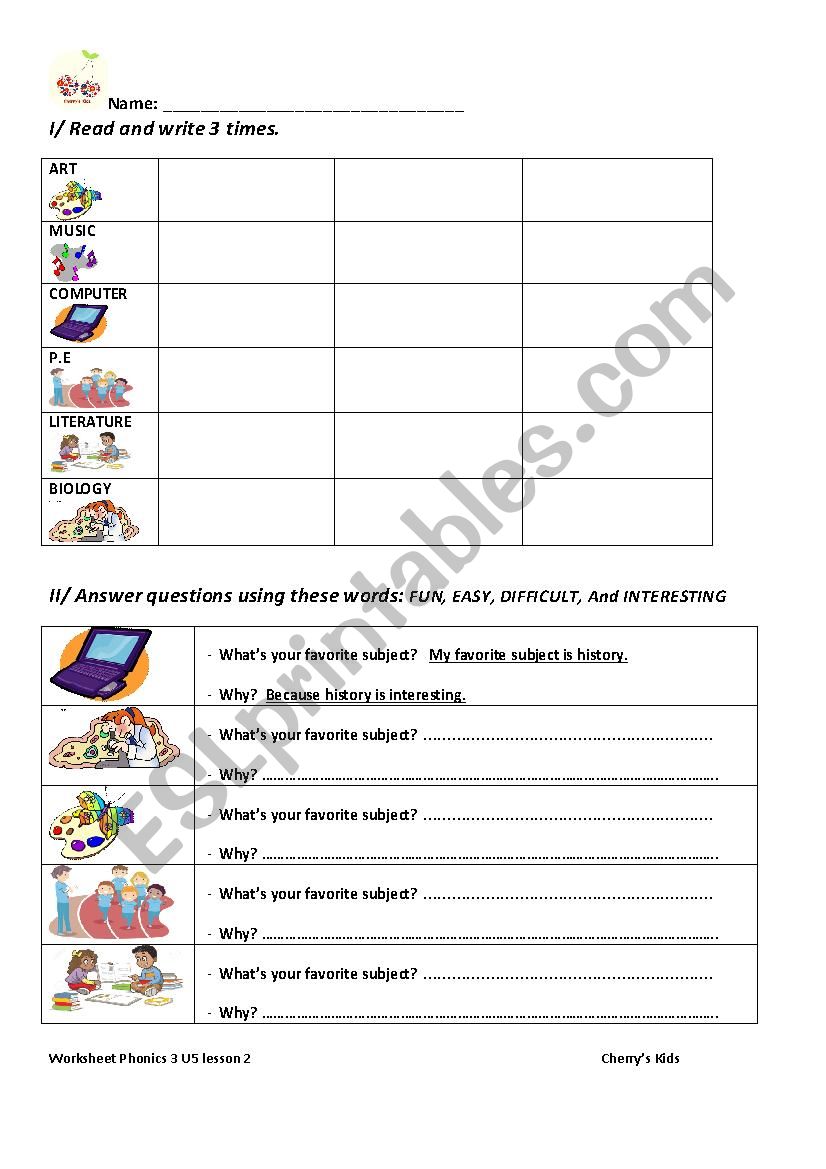 school subjects worksheet