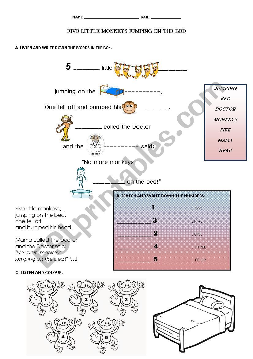 Five little monkeys worksheet worksheet