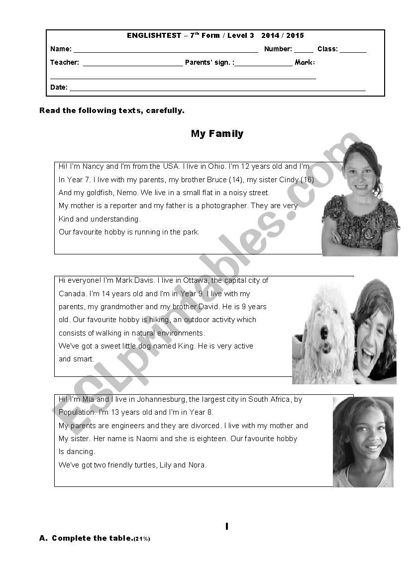 7th grade test My family  worksheet