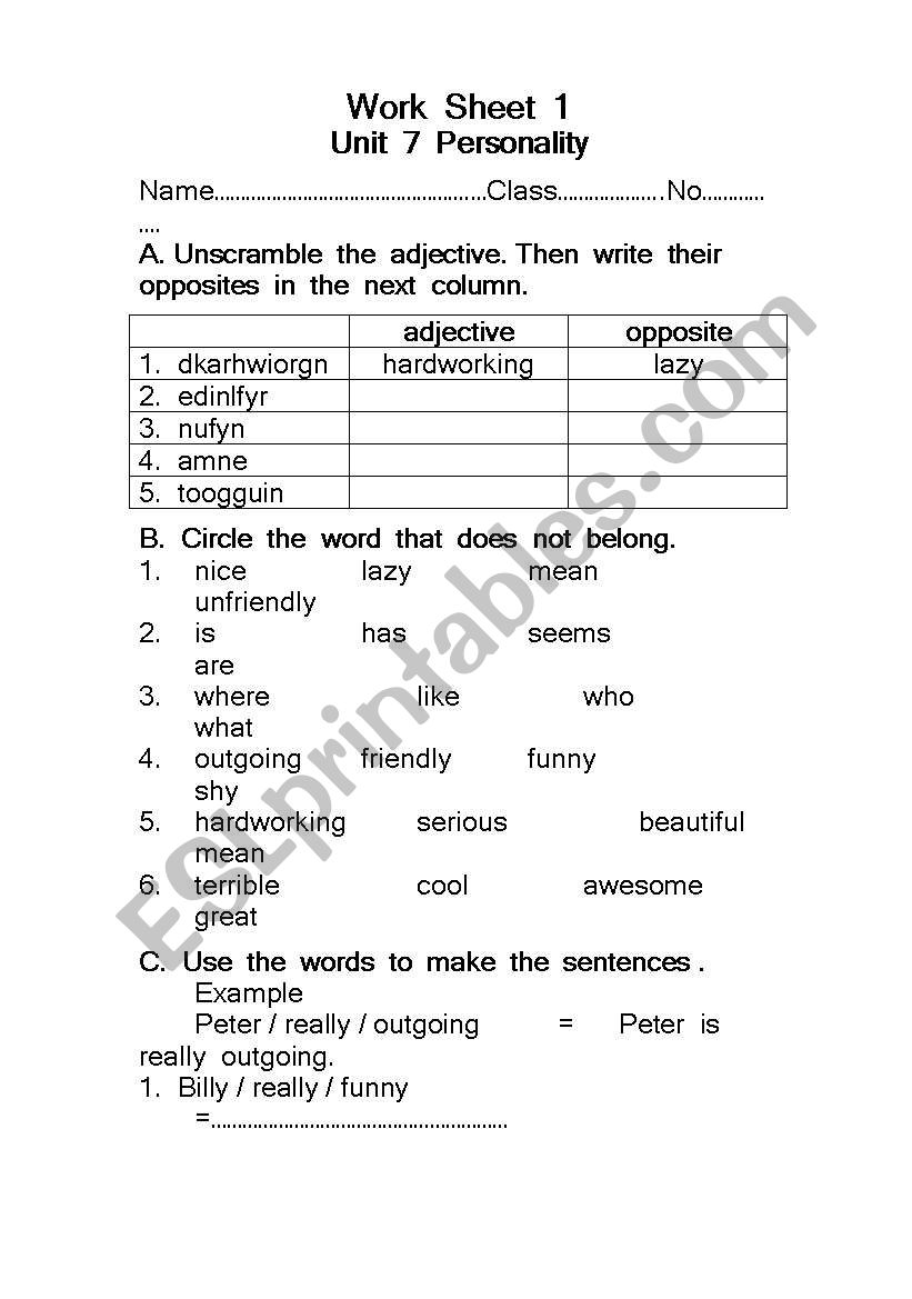 personality worksheet