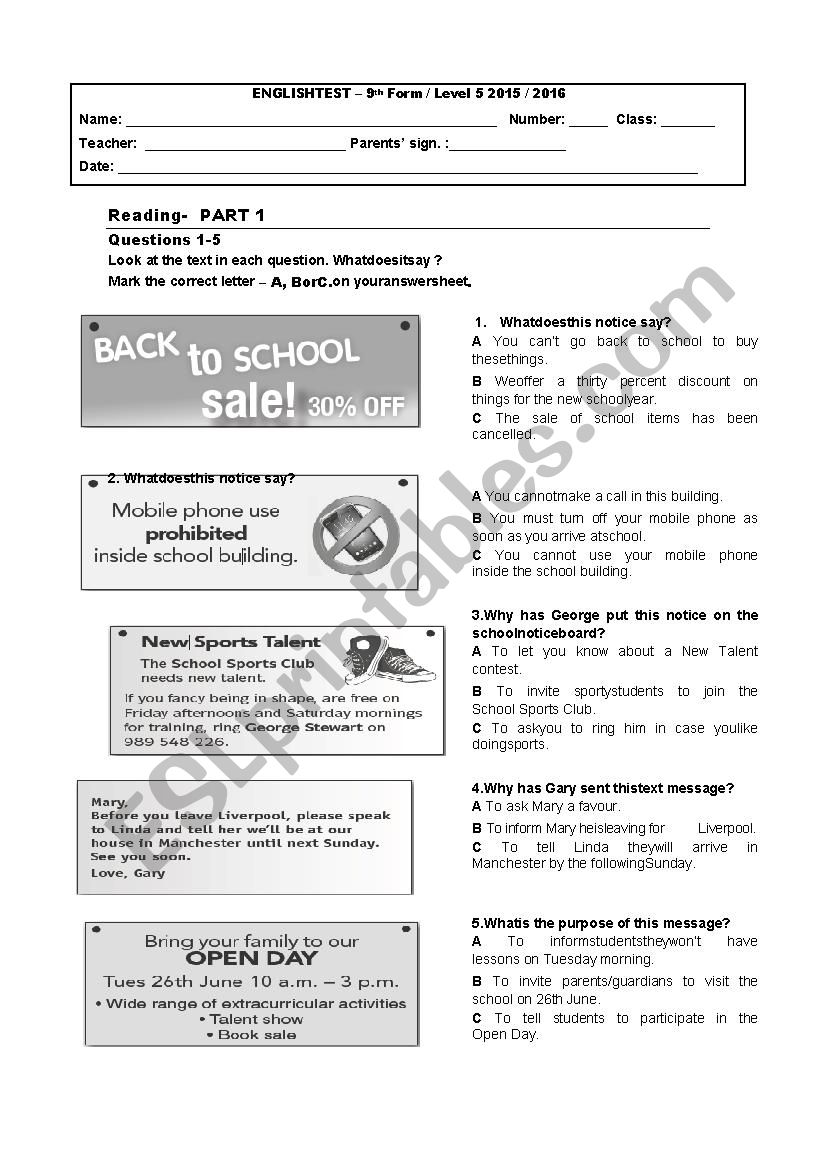 9th grade test Pet for schools 1st part