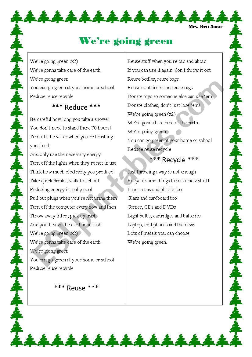 Were going green (song) worksheet