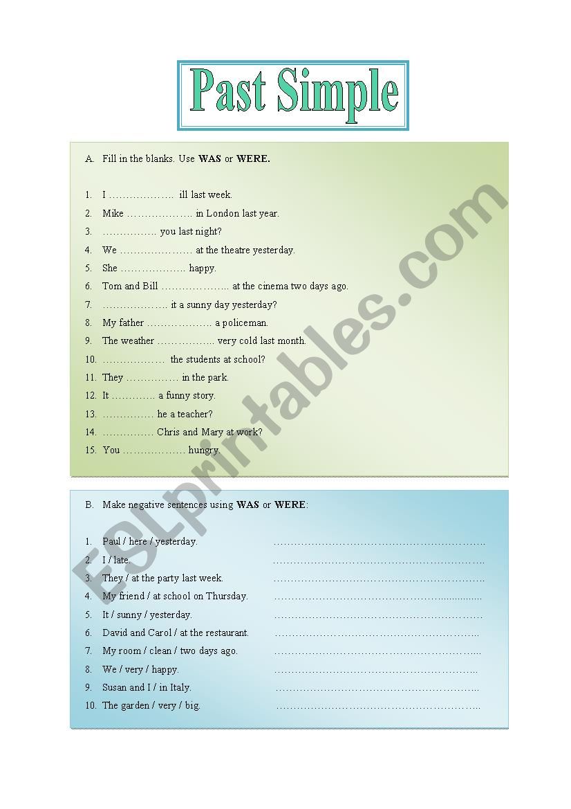 Past Simple of be worksheet